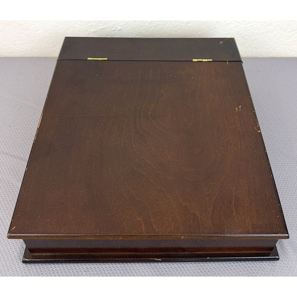 Vintage Wood Lap Desk Hinged Slant-Top Writing Box Mahogany Brown Good 13.5x11.5 - Picture 1 of 8